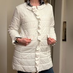 -Nwot -Patty Kim Brand -White Color -Adorable Ruffle Details And Buttons On The Front -Tag Says Size Large, But It Fits Like A Medium. It Fits Me Perfectly (5’8 140 Lbs) -Falls A Little Below The Waist 140 Lbs, White Coat, White Color, Puffer, Color White, Jackets For Women, Jackets & Coats, Size Medium, Women Shopping