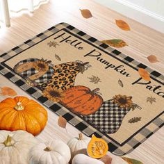 a welcome mat with pumpkins and gourds on the floor