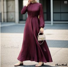 Olivia Mark - Stylish and Elegant Long Robe Dress with Round Neck, Long Sleeves, Belted Waist, and Loose Fit Colour Blocking Fashion, Houndstooth Dress, High Waist Dress, Loose Fitting Dresses, Empire Waist Dress, Crewneck Dress, Modest Fashion Outfits, Dress With Tie, Bell Sleeve Dress