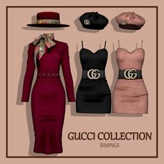 three women's dresses and hats with the words gucci collection rumps on them