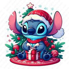 a cartoon character sitting on top of a christmas tree with a gift box in front of it