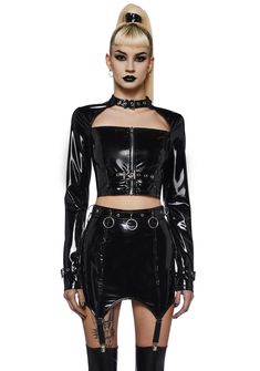 Widow PVC Long Sleeve Zip Up Crop Top - Black – Dolls Kill Fitted Punk Crop Top For Fall, Punk Style Fitted Crop Top For Fall, Fall Punk Style Fitted Crop Top, Gothic Crop Top For Night Out, Cropped Top For Club In Fall, Gothic Cropped Top For Night Out, Fall Club Crop Top, Fall Cropped Top For Club, Edgy Long Sleeve Crop Top For Club