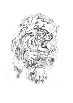 a black and white drawing of a tiger with its head in the middle of it's body