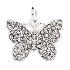 a silver butterfly charm with clear crystal stones