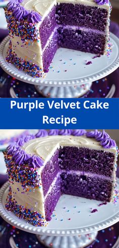 purple velvet cake with white frosting and sprinkles on two separate plates