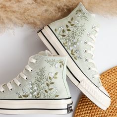 '' Custom Embroidered Wedding Sneaker, Bridal Flowers Embroidered Shoes Custom, Wedding Flowers Embroidered Sneakers, Gifts for Girlfriend , Personalized Wedding Gifts'' 🍀 Price includes Converse Shoes and Floral Embroidery Designs as shown 🍀 🍀 Shoe Type: Converse 1970s 🍀 Shoe color: 9. Summit Sage_1970s 1. DETAILS 🍀 You can send me your Converse, Vans, canvas shoes or I can buy them for you. Custom-ordered embroidered Vans and Converse shoes, please wait another 2-4 days. Each pair is hand embroidered to order, please make sure you put in the correct shoe size before you check out. The embroidery is meticulous and does not fade. 🍀 You will receive Vans and Converse shoes with floral embroidery designs as above. 2. PERSONAL EXPRESSION 🍀 Create your unique vibe by your own design of Lavender Converse, Converse Bleu, Customized Converse, Converse Embroidery, Embroidered Vans, Mode Converse, Cute Converse Shoes, Garden Lavender, Embroidered Sneakers