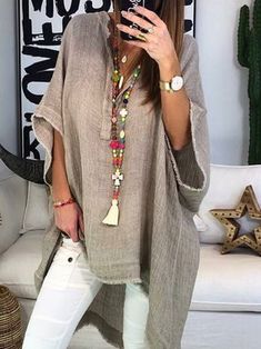 Stand Collar Boho Shirts & Blouses - JustFashionNow.com Casual Solid V-neck Tunic, Casual Split Neck Tunic For Fall, Boho Plus Size, Winter Blouses, Estilo Hippie, High Low Blouse, Half Sleeve Blouse, Mode Boho, Bodo