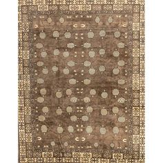 an antique rug with brown and white designs on the front, in various shapes and sizes