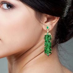 For Sale on 1stDibs - These stunning hand carved Jade earrings are thoughtfully and meticulously crafted in 18-karat gold. It is set in 25.24 carats Jade, 1.9 carats emerald Luxury Carved Earrings, Luxury Carved Earrings For Formal Occasions, Elegant Carved Earrings For Formal Occasions, Fine Carved Diamond Jewelry, Carved Diamond Fine Jewelry, Elegant Carved Drop Earrings, Luxury Earrings With Intricate Design, Luxury Intaglio Jewelry For Evening, Elegant Carved Yellow Gold Earrings