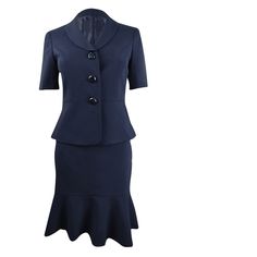 Style: Skirt Suit Size Type: Petites 97% Polyester/3% Elastane Dry Clean Short Sleeve Fitted Blue Office Wear Sets, Tailored Blue Skirt Suit In Chic Style, Elegant Navy Skirt For Workwear, Fitted Knee-length Skirt Suit For Formal Occasions, Formal Fitted Knee-length Skirt Suit, Elegant Navy Skirt For Work, Elegant Fitted Knee-length Skirt Suit, Fitted Blue Skirt Suit For Office, Blue Fitted Skirt Suit For Office