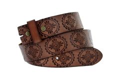 This genuine leather belt style is an interchangeable strap for your buckles. You can switch your buckles around with brass metal snaps (they don't show when a buckle is put on it). For a man or woman. The leather is brown with an embossed design. It is 100% full grain leather, heavy duty yet supple. Belt is 1 1/2" in width, fits a buckle of this size or larger.***SEE PICTURES FOR SIZE CHART / HELP FINDING THE RIGHT SIZE. Please email us if you need further help!*** Adjustable Brown Belt With Brass Buckle, Adjustable Brown Concho Belt, Adjustable Brown Leather Strap Belt, Brown Adjustable Leather Strap Belt, Brown Adjustable Belts And Suspenders With Antique Buckle, Adjustable Brown Belt With Antique Buckle, Brown Leather Strap Belt Buckle For Everyday Use, Cool Gifts For Him, Skull Belt Buckle