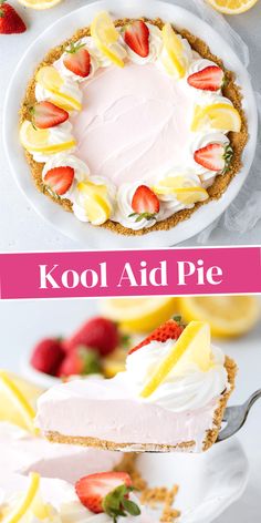 a pie with lemons, strawberries and whipped cream on top