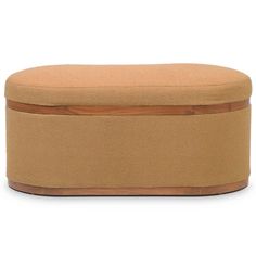 a round ottoman that is made out of wood and has a cushion on the top