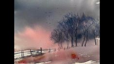 a painting of trees in the snow near a fence