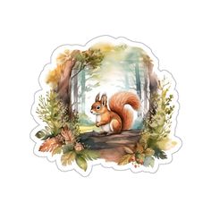 a watercolor painting of a squirrel in the woods