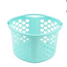 a blue plastic basket with hearts cut out on the sides and holes in the bottom