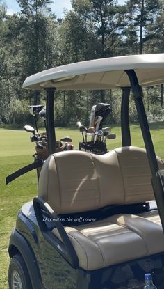 a golf cart parked on the grass with its back seats folded down and two clubs resting on top