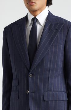 Pinstripes point up the precision tailoring of this structured suit cut from sumptuous wool in a single-breasted silhouette and framed with wide peaked lapels. Jacket has two-button closure; peaked lapels; four-button cuffs; chest welt pocket; front flap pockets; ticket pocket Trousers have zip fly with button-tab closure; front slant pockets; back button-welt pockets; adjustable waist Jacket is partially lined Trousers are unhemmed 100% wool Dry clean Made in Italy Designer Clothing Striped Double Breasted Suit For Semi-formal Occasions, Elegant Pinstripe Suit With Suit Collar, Elegant Tailored Pinstripe Three-piece Suit, Elegant Pinstripe Tailored Three-piece Suit, Pinstripe Double Breasted Suit With Notch Lapel, Formal Pinstripe Double Breasted Suit With Notch Lapel, Elegant Pinstripe Suits For Work, Elegant Striped Double-breasted Suit For Office, Elegant Pinstripe Suit For Formal Occasions