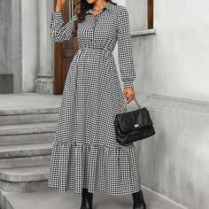 F00271328-103 Fall Plaid Dress, Black And White Plaid Dress, Black Plaid Dress, White Plaid Dress, High Waist Dress, Black Long Sleeve Dress, Daily Dress, Long Sleeve Shirt Dress, Plaid Dress