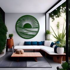 a living room filled with lots of furniture next to a large green circle logo on the wall