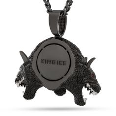 This Hound of Hades Necklace tastefully encapsulates the fearsome Cerberus. Expertly crafted with hundreds of stones, the pendant features red eyes and individually cast teeth that boast tons of detail. Add a touch of the underworld to your look with this piece of high-quality jewelry. Black Round Pendant Necklace Collectible, Collectible Black Jewelry With Large Pendant, Black Metal Collectible Necklaces, Black Metal Amulet Necklace, Collectible Black Jewelry With Round Pendant, Collectible Black Round Pendant Jewelry, Hades Necklace, Miami Cuban Link Chain, Vvs Diamond