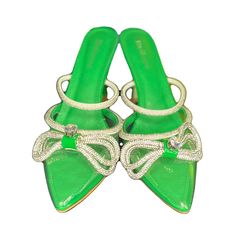 -Stiletto Shoe Mules -Clear Pumps Sandals Heels With Rhinestone Bowknot Design Style -Pointed Toe Sandals Heels High: 3.82inch/9.7cm(Approx) -Pu Leather Insole And Rubber Sole -Backless Slip On Pumps -Sparkly Rhinestone Straps Prevent The Feet From Sliding Forward -Can Fit Women’s Size 10 Wide Formal Green Heels With Rhinestones, Elegant Green Sandals With Rhinestones, Green Rhinestone Heels, Clear Pumps, Slip On Heels, Heels High, Slip On Pumps, Size 11 Heels, Stiletto Shoes