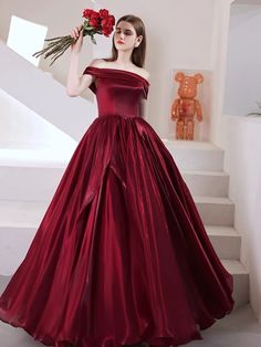 Wedding Evening Dress With Satin Finish For Prom Season, Off-shoulder Satin Finish Evening Dress For Prom, Satin Ball Gown For Prom Season, Off-shoulder Satin Finish Wedding Gown, Off-shoulder Satin Wedding Gown, Satin Ball Gown With Fitted Bodice For Banquet, Satin Wedding Dress For Banquet During Prom Season, Off-shoulder Ball Gown With Sweep Train For Prom, Off-shoulder Satin Gown For Prom Season