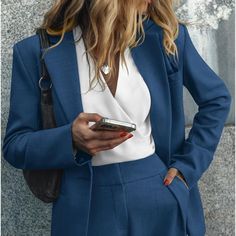 Women's 2024 Fall Two Piece Outfits Blazer Jacket And Wide Leg Pants Pockets Business Casual Suit Sets Fits True To Size Brand New Blue Fall Pantsuit For Office, Chic Blue Suit With Lapel Collar, Formal Blue Pantsuit With Pockets, Blue Formal Pantsuit With Pockets, Blue Single Breasted Pantsuit For Spring, Blue Single-breasted Pantsuit For Spring, Blue Notch Lapel Pantsuit For Fall, Blue Long Sleeve Pantsuit For Fall, Blue Pantsuit With Pockets And Suit Collar