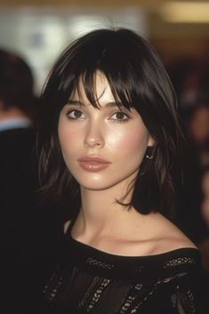 Dark Long Bob With Bangs, Short And Dark Hair, 90s Bangs Long Hair, Christy Turlington 90s Hair, Long Bob Bangs Hairstyles, Short Bob And Bangs, Bobs And Bangs, Shoulder Length Bob With Fringe, Shoulder Length Brunette Hair With Bangs