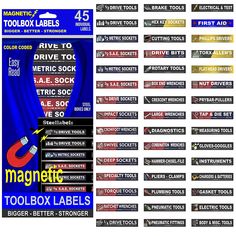 magnetic tools labels and magnets are shown in this image, with the same colors