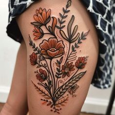 Wildflower Tattoo Vector Collection Colored Tattoo Flower, Mom Tattoos Traditional Old School, American Traditional Tattoos Texas, Fall Leaves And Flowers Tattoo, Floral Colored Tattoo, Body Wrap Tattoos For Women, Tattoos For Redheads, Pretty Colorful Tattoos, Old School Horseshoe Tattoo