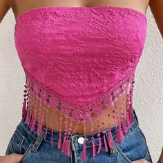 Women's Handkerchief Tube Top - Crop Top - New Solid Hot Pink Lace And Fringe Hem Tie Back Shipping Within One Business Day Bundle And Save On Shipping Hot Pink Tube Top Outfit, Pink Tube Top Outfit, Hot Pink Tube Top, Lace Undershirt, Women's Handkerchief, Pink Tube Top, Tube Top Outfits, Hot Pink Tops, Pink Lace