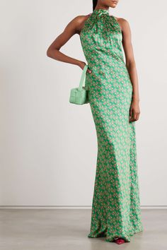 Green Floral Print Slip Dress, Spring Silk Maxi Dress With Bias Cut, Floral Print Satin Maxi Dress, Silk Printed Midi Dress For Evening, Silk Maxi Dress With Bias Cut, Silk Printed Formal Dresses, Formal Silk Printed Dress, Silk Evening Dress With Print, Chic Silk Dress With Floral Print