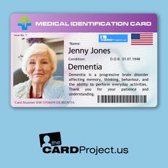 Our Dementia Medical ID Card is a simple yet essential tool for individuals living with Dementia. Designed for everyday use, this credit card-sized ID provides clear, concise information to help in emergencies or situations where the cardholder might be confused or disoriented. The front of the card includes the holder's photo, their name, and date of birth. It states that they have Dementia and includes a brief description of the condition. This helps anyone assisting the cardholder quickly understand their medical situation and offer appropriate help. The card also features an American flag, adding a familiar symbol that makes it easy to identify as a personal identification card. On the reverse side, there's a smaller version of the photo and the holder's name, alongside another brief d Usa Identity Card, Identification Card Template, Doctor Id Card, Old Man Pictures, Credit Card Tool, Inspirational Smile Quotes, Card With Photo, Army Poster, Passport Card