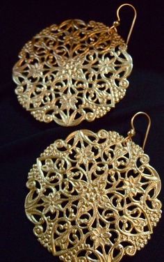 In search of big gold earrings...$25 etsy Ornate Gold Brass Chandelier Earrings, Ornate Gold Earrings For Party, Ornate Gold Party Earrings, Gold Ornate Chandelier Earrings With Intricate Design, Gold Chandelier Earrings With Intricate Design For Party, Gold Brass Chandelier Earrings With Intricate Design, Gold Ornate Chandelier Earrings, Nickel-free Gold Earrings For Festivals, Gold Filigree Earrings For Party