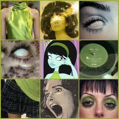 the collage shows many different types of eyeliners and hair, as well as an image of a woman's face