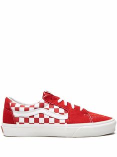 Red canvas/suede Sk8 Low Checkerboard sneakers from VANS featuring checkerboard print, side stripe detailing, contrast stitching, round toe, front lace-up fastening, logo patch at the tongue, branded insole and flat rubber sole. These styles are supplied by a premium sneaker marketplace. Stocking only the most sought-after footwear, they source and curate some of the most hard to find sneakers from around the world.. Vans Sk8 Low, Sk8 Low, Red Canvas, Vans Off The Wall, Vans Shop, Ballet Pumps, Demi Fine Jewelry, Boot Pumps, Vans Sneakers