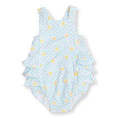 Ruffle Sunsuit in Gingham Daisy Print 95% Cotton Muslin/ 5% Spandex Wash Cold/Dry Low Heat or Hang Dry Spring Gingham Bubble Romper With Ruffles, Summer Cotton Swimwear With Ruffles, Ruffled Bodysuit For Summer Playwear, Summer Ruffled Bodysuit For Playwear, Summer Gingham Swimwear With Ruffles, Playful Gingham Swimwear For Spring, Ruffle Bloomers, Dear Baby, Going Home Outfit