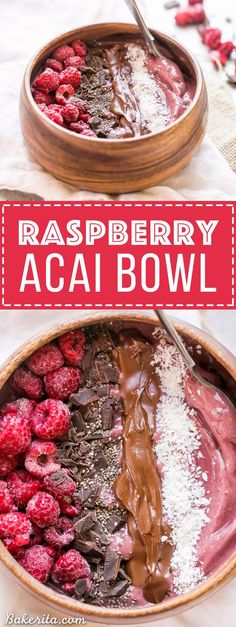 raspberry acai bowl with chocolate drizzled on top and fresh raspberries in the bottom