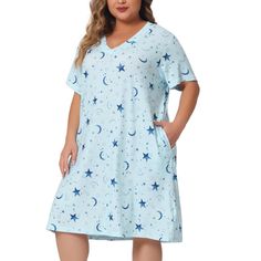 This V-neck nightgown is made of soft and comfortable fabric, with a comfortable and loose fit, suitable for family pajama parties, daily life, going out shopping, midnight, etc. The star and moon designs keep up with fashion trends, so maybe you just need this pajama in your wardrobe. It is also a good choice to give as a gift to your girlfriend, friends, daughter, or mother. Designed specifically for plus-size women and designed to provide comfortable clothing for plus-size girls and hope to p Moon Designs, One Piece Clothing, Swimwear High Waisted, Star And Moon, Women's Nightgowns, One Piece Pajamas, Plus Size Shorts, Hem Style, Nightgowns