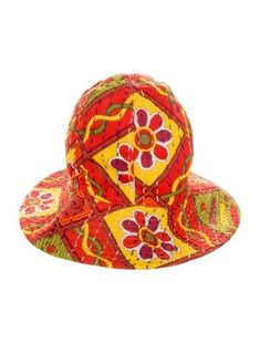 Women's orange, red and multicolored Engineered Garments Cotton Bucket Hat. Vintage Red Hat For The Beach, Orange Bohemian Bucket Hat, Retro Multicolor Hats For Festivals, Multicolor Cap For Festivals, Retro Multicolor Wide Brim Hat, Retro Wide Brim Multicolor Hat, Vintage Red Hats For Spring, Red Vintage Hats For Spring, Traditional Red Summer Hat