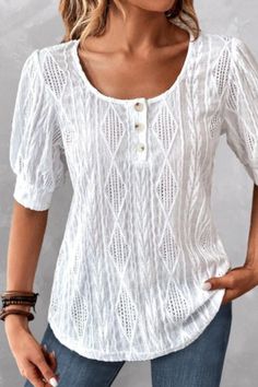 Experience a blend of elegance and casual style in the Button White Round Neck Short Sleeve Blouse. Perfectly accommodating for both petite and plus sizes, this staple piece is an absolute must-have for your 2023 Summer wardrobe. Whether you're heading to work or enjoying a laidback Sunday afternoon, this blouse effortlessly balances comfort and sophistication, making it your go-to option for any occasion. Don't miss out on our 2023 summer sale .(07/2023)$23.98 #WhiteBlouse #PlusSizeTop #Rotita Sunday Tops For Women, Short Sleeve Lace Blouse, Amazing Dresses, Badass Style, Sunday Afternoon, Style Blogger, 2024 Fashion, Summer Style Casual, Fashion Studio