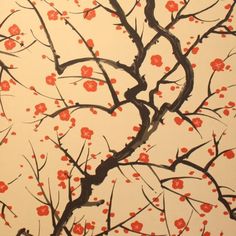 a painting of branches with red flowers on them