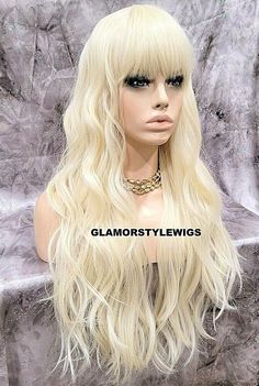 Layered With Bangs, Blonde Platinum, Blonde Hair Shades, Full Wig, Hair Shades, Full Wigs, Hair Fibers, Platinum Blonde, Heat Resistant