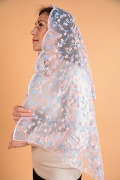 CHRISTMAS SALE☃️❄️ -25% + get free veil ♥️ Welcome to MariaVeils Here you will find best lace veils created with love and big faith️🌸 More about this veil: Style: Long Veils  Thread color: blue&pink Tulle color: ivory All our veils are located in Blaine, MN and are ready to ship!  Delivery will take only 2-3 days 💫 If you have any question, go ahead and text us! We will be happy to help you❤️ Answers to the most popular questions - Is there any clasp or clips on the veil?  -  Of course! All our veils ave sewn in hair combs,  which guarantee a valid fixation of the veil on the head. But if anything, you can easily remove it yourself. - How soon will I receive my veil? - Delivery in USA takes near 2-3 days! - Can I return the veil? - Unfortunately, no, but you can exchange the veil for any Lace Work Dupatta For Wedding, Wedding Lace Shawl Dupatta, White Headscarf For Wedding, Wedding Lace Dupatta Shawl, Lace Dupatta Shawl For Wedding, Lace Dupatta With Lace Trim, White Net Dupatta, Long Veils, Catholic Veil