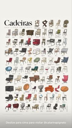 an image of chairs in different colors and sizes, with the words caderias written on