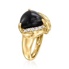 Ross-Simons - Onyx and .15 ct. t. w. Diamond Ring in 18kt Gold Over Sterling. Size 7. Bold beauty! Our statement ring features a dramatic 12x12mm triangular onyx cabochon that sits atop a cool sashed design of 18kt yellow gold over sterling silver with .15 ct. t. w. round brilliant-cut diamonds. 5/8" wide. Diamond and onyx ring. Fine Jewelry Evening Ring With Center Stone, Fine Jewelry Diamond Ring With Polished Finish For Evening, Yellow Gold Gemstone Rings For Evening, Elegant Evening Rings With Center Stone, Polished Finish Round Ring For Evening, Timeless Evening Rings With Vvs Clarity, Timeless Rings With Vvs Clarity For Evening, Onyx Ring, Round Brilliant Cut Diamond