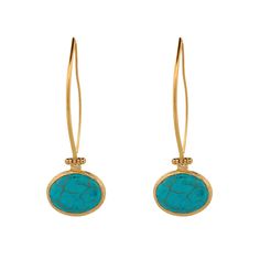 Enhance your style with the fresh and elegant Turquoise Gemstone & Gold Dangle Earrings. These beautiful earrings feature stunning turquoise gemstones delicately dangling from 18k gold-plated brass, making them the perfect accessory for a chic and stylish look. The turquoise gemstones are set in 18k gold-plated brass, providing a luxurious finish and ensuring durability. The gold plating beautifully complements the blue gemstones, creating a sophisticated and elegant look. These earrings are des Elegant Turquoise Long Drop Jewelry, Turquoise Gemstone Drop Earrings, Turquoise Drop Earrings With Gemstone Accents, Turquoise Dangle Earrings With Gemstone Accents, Elegant Turquoise Earrings With Gemstone Accents, Elegant Turquoise Earrings With Natural Stones, Bohemian Turquoise Earrings With Gemstone Accents, Elegant Turquoise Gemstone Earrings, Dad Jewelry