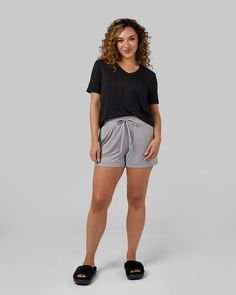 90% Polyester - 10% Spandex Relaxed Fit 26" Body Length (Size S) Moisture Wicking Anti-Odor 4-Way Stretch Tag-Free Label Item# U220 Imported Check out below video to learn more about the Women's Cool Relaxed T-Shirt Comfortable Black T-shirt For Loungewear, Comfortable Solid Color Pajama Shorts For Sleep, Casual Black Pajama Shorts For Loungewear, Black Short Sleeve Sleep Top, Black Short Sleeve Sleep T-shirt, Black Relaxed Fit Pajama Shorts, Casual Solid Color Pajama Shorts For Bedtime, Black Short Pajama Shorts For Sleep, Casual Gray Sleepwear For Relaxation