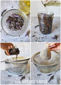 the process for making lavender tea is shown in four different pictures and then being poured into a glass bowl